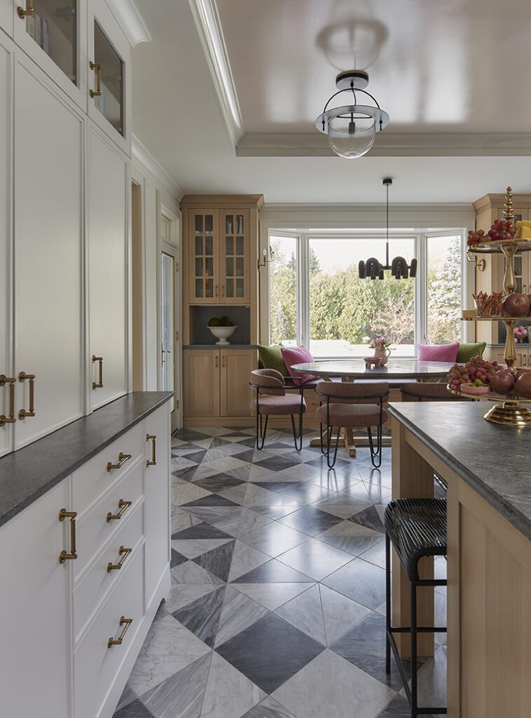 northern new jersey transitional kitchen interior design. white oak island and cabinetry details, custom built-in banquette. playful design solutions