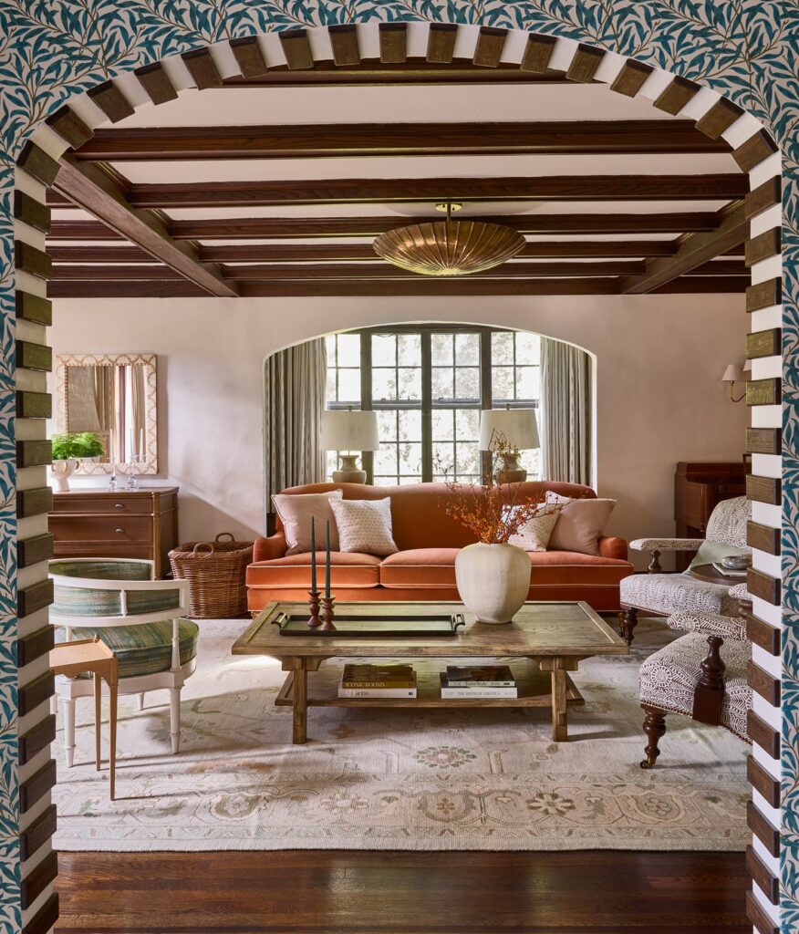 Ridgewood NJ family room reveal, transitional style with earthy color palette, pattern layering, space planning, chic boutique. Wood accents