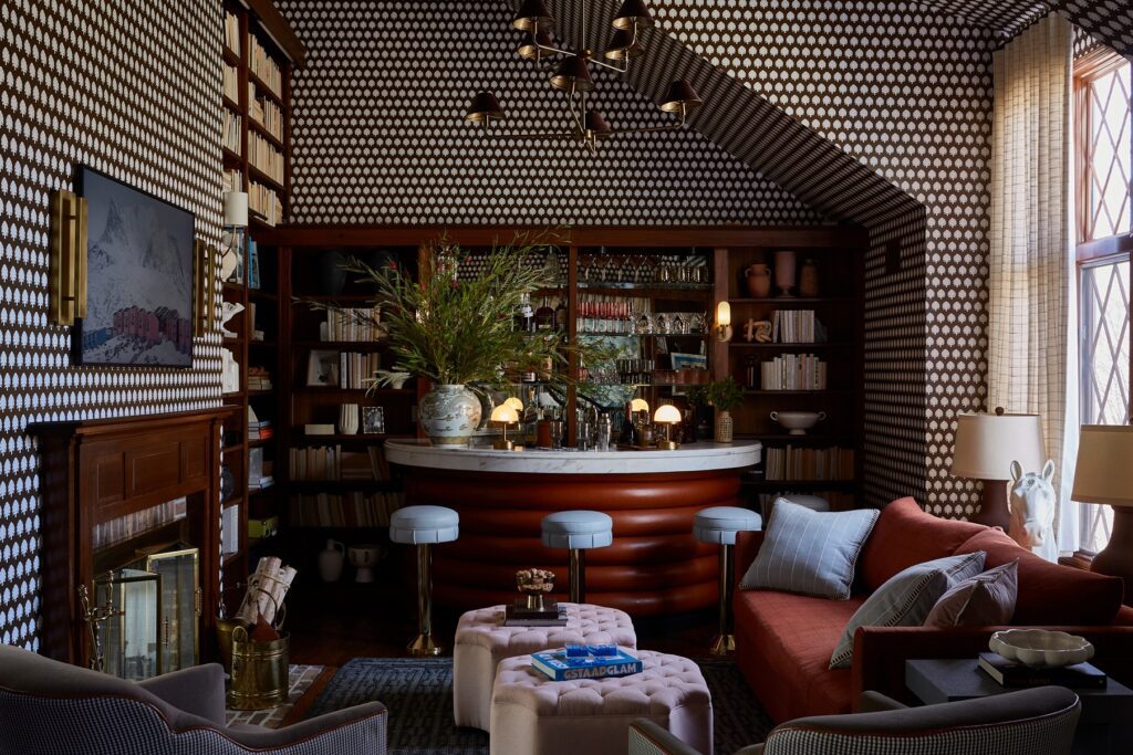sussex county NJ pattern filled home bar with channeling and pattern wallpaper. colorful pattern filled interior design. boutique design experience