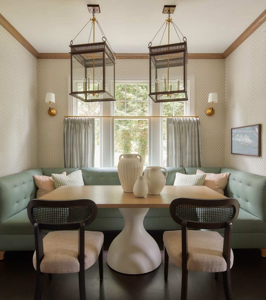 northern new jersey built-in double corner mint green leather tufted banquette. transitional luxury interior design. 