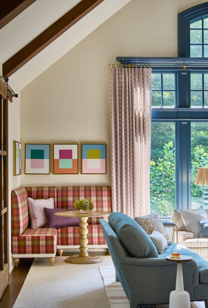 Ho Ho Kus new jersey traditional colorful, pattern filled living room. game table and blue trim work