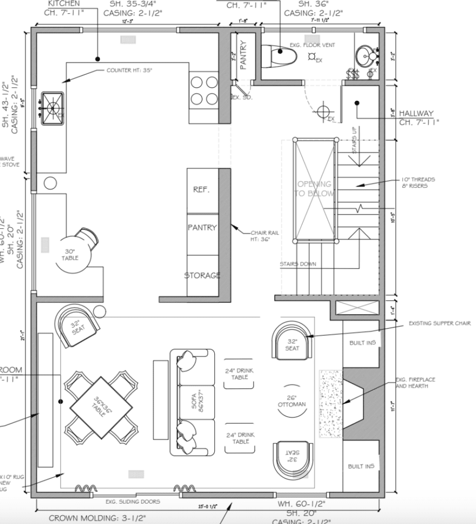 Chappaqua townhouse first floor floor plan rennovation option, kitchen and living room.