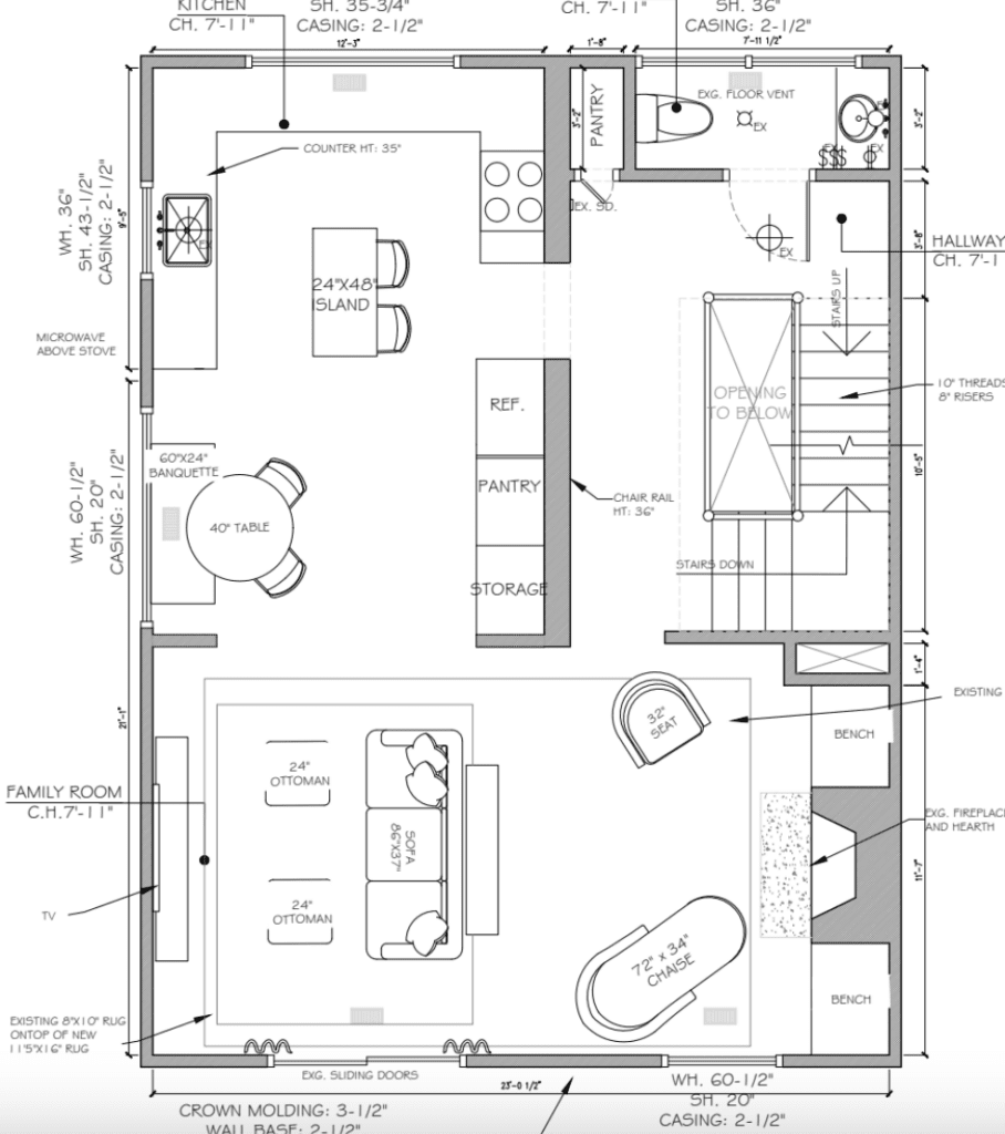 Chappaqua townhouse first floor floor plan rennovation option, kitchen and living room.