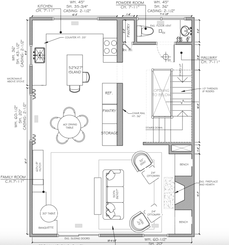 Chappaqua townhouse first floor floor plan rennovation option, kitchen and living room.