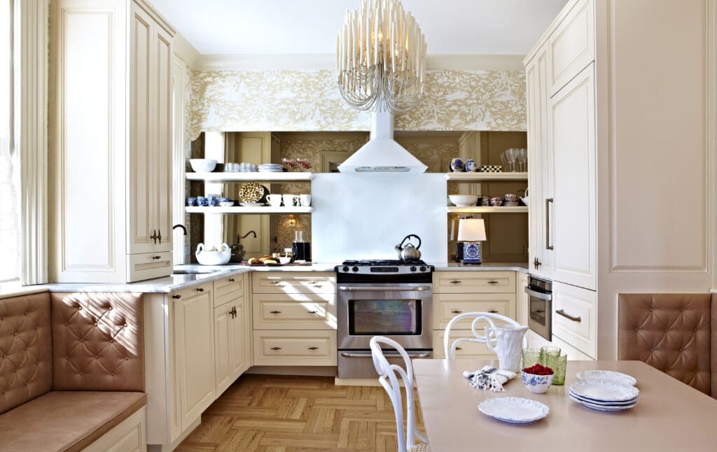 Built-in banquette seating and custom cabinetry in a Hoboken townhouse kitchen renovation