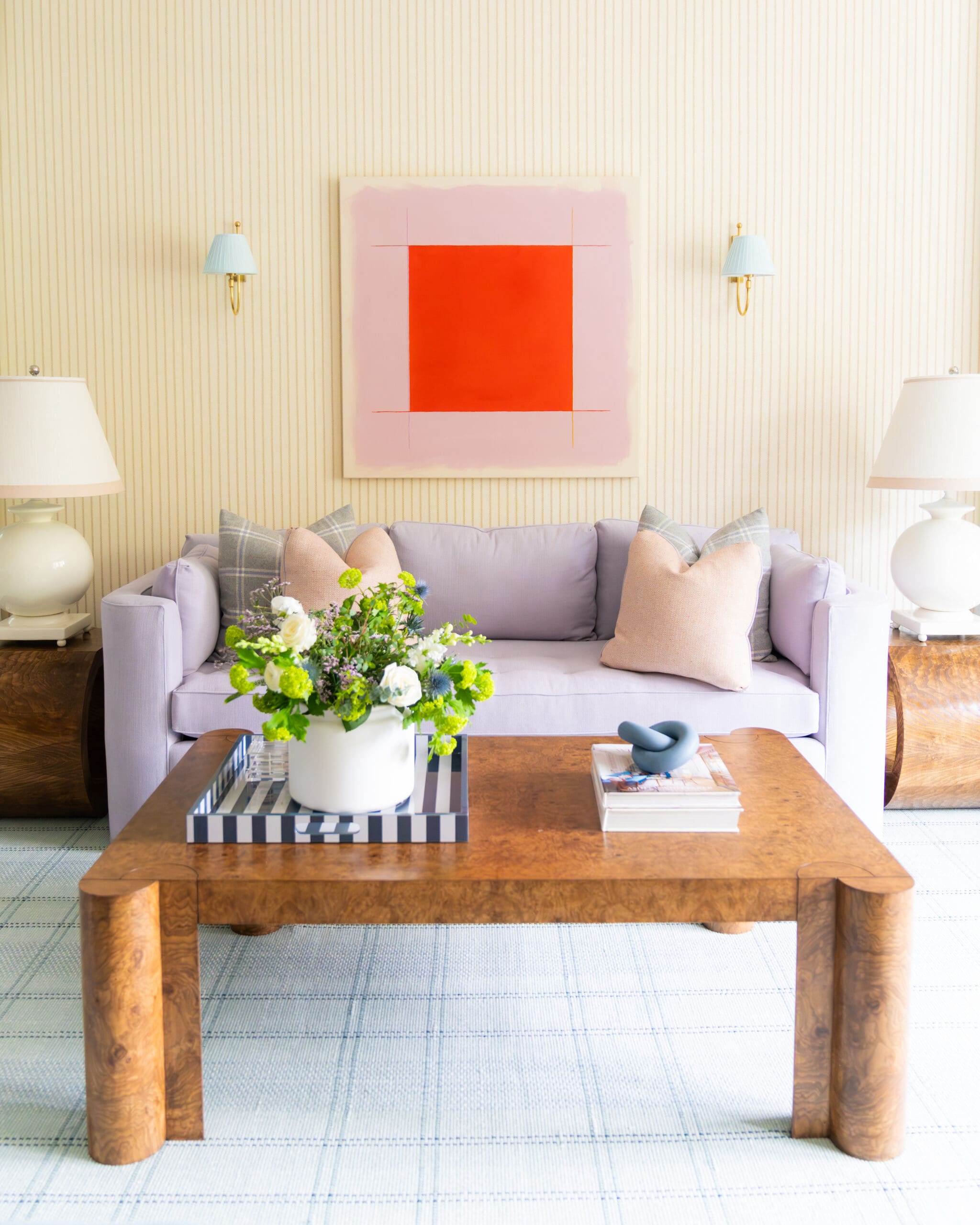 tenafly new jersey colorful pattern filled interior design living room inspiration. modern art and lilac sofa. luxury interior design solutions