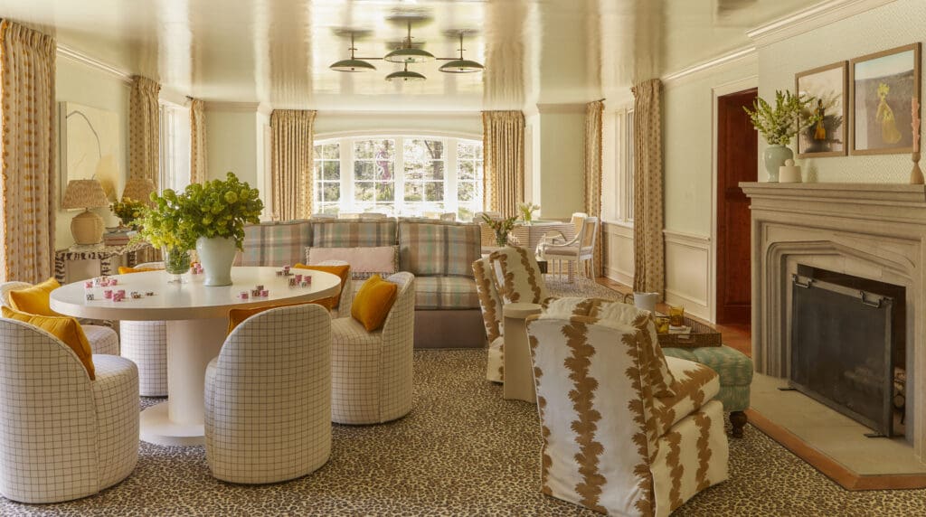 Northern new jersey toledo geller mansion in may show house la femme den mahjong room with mint green walls, leopard print carpet, and urban electric light fixture