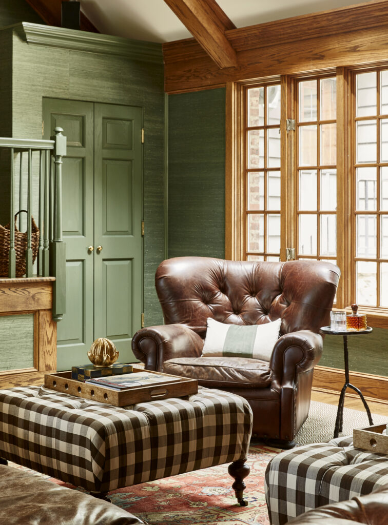 essex county nj luxury boutique interior design inspiration. brown plaid and leather details. smart design solutions. historic home renovation