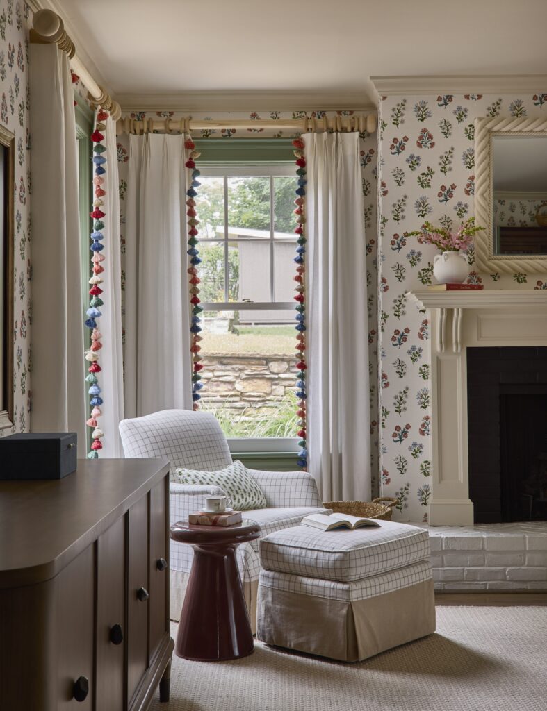 Traditional family room with colorful window treatments, New jersey historic colonial home with fireplace interior design