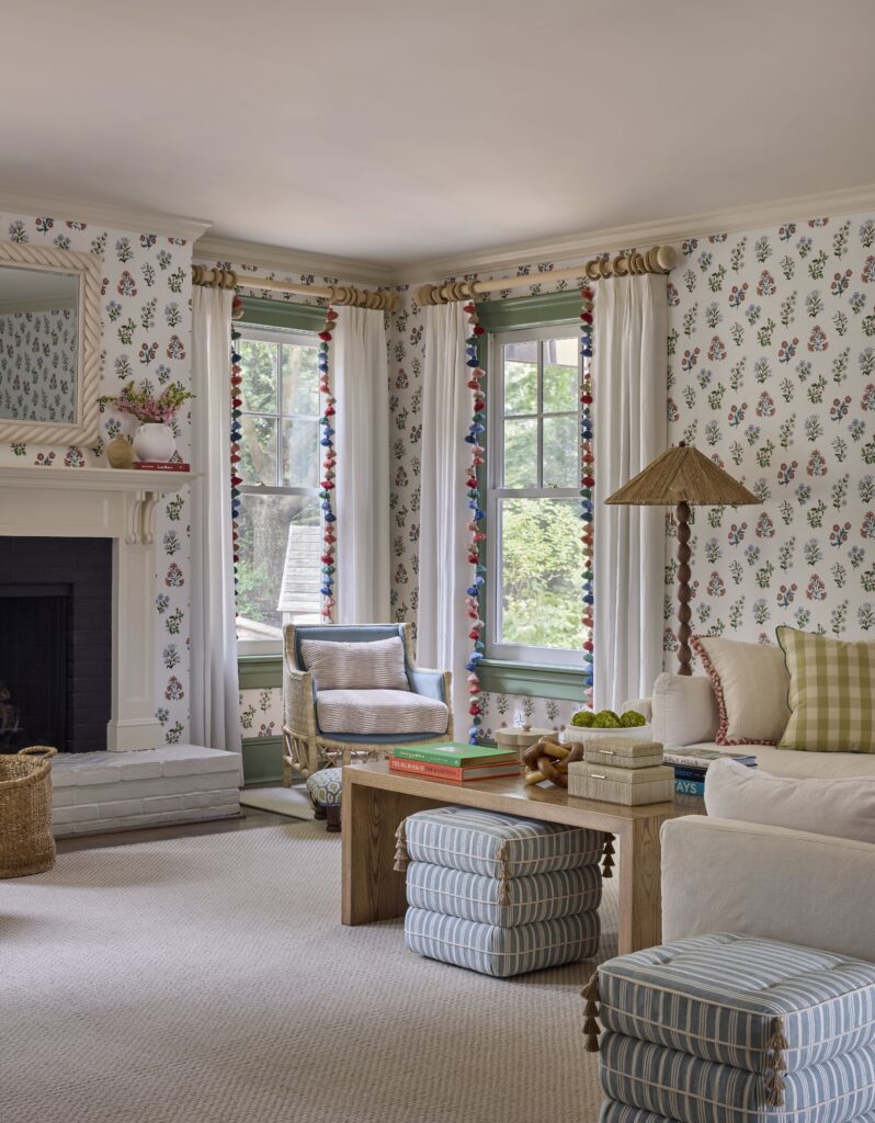 Floral wallpaper living in Morris County NJ, colorful historic home renovation, family friendly interior design